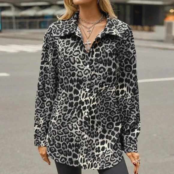 Multicolor Casual Women's Leopard Print Front Button Long Sleeve Jacket - Picture 5 of 8